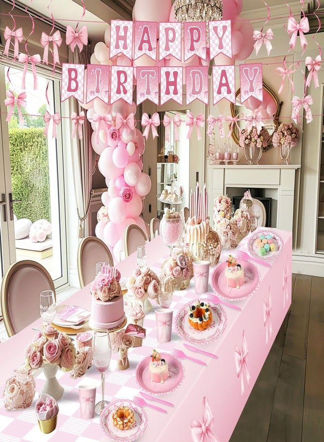 Zhehao 154 Pcs Pink Bow Party Supplies Set, Theme Birthday Party Decorations, Plates, Napkin, Cup, Fork, Knives, Spoon, Tablecloth, Spiral Charms, Banner for Birthday Dec Serves 20 Guest - Image 4